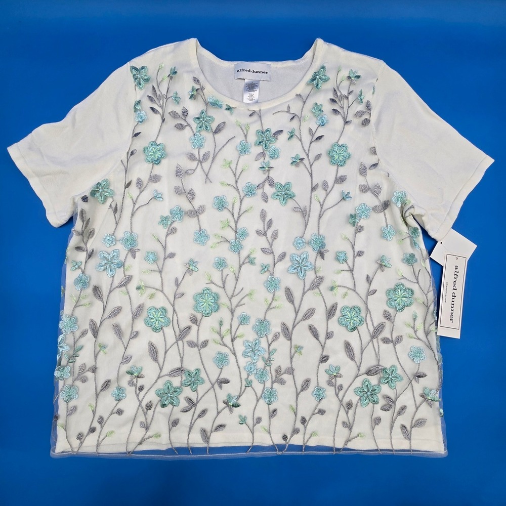 Alfred Dunner Versailles‎ Floral Embroidered Mesh Overlay Knit Top L NWT $62